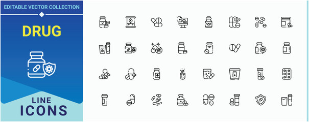 Drug line icon set. Contains related to cure, medical, disease, health, pharmaceutical and more. Antibiotic related icon set. Minimalist editable vector stroke. Pixel perfect. Editable stroke.