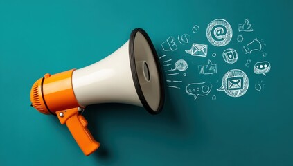 A under 200 characters: A megaphone emits various social media and communication icons, symbolizing digital marketing, online engagement, and information sharing , Social media influence marketing.