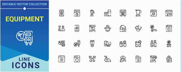Equipment simple icon set. Includes thin line symbols household, dishwasher, cooking, electronic and more. Appliances modern icon set. Minimalist icons collection. Editable stroke. Vector collection.