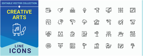 Creative Arts icon pack. Contain linear symbols art, digital, paint, brush, artwork, draw, graphic and more. Art And Design icon set. Icons for application. Editable stroke collections.