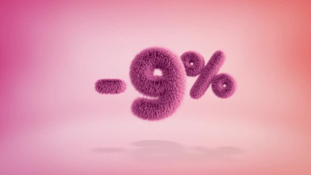9% pink fluffy numbers and symbols on a simple gradient background with particles. Looping animation of 3D text countdown 9 percent sale