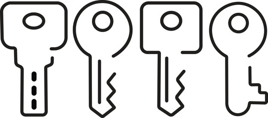 Key icons set in black outline styles. Open door symbols, privacy and escape vectors. Lock or unlock sign. Padlock. Password and access sign illustration collection isolated on transparent background.