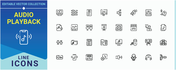 Audio Playback line icon set. Includes thin line symbols speak, media, voice and more. Audio icon pack. Minimal thin line web icons set. Vector illustration in modern line style.