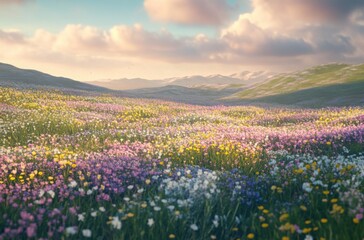 Fototapeta premium Field of wildflowers in spring, soft hills and pastel skies in the background