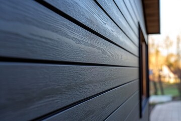 Close-up of dark gray horizontal vinyl siding covering a new house, providing weather protection and enhancing curb appeal