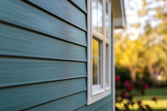 Vinyl siding covering modern house exterior with window and blurred garden background, showcasing home renovation and improvement