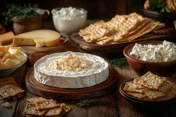 showcasing variety of cheese and dairy products arranged beautifully on rustic wooden table.
