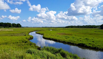Obraz premium Serene Meadow Landscape with Meandering Stream Under Bright Blue Sky and Fluffy White Clouds