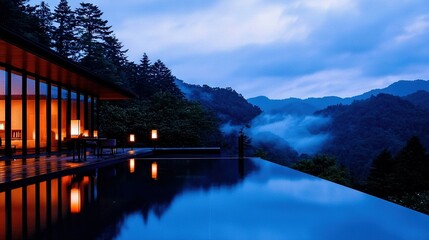 Fototapeta premium A house with a mountain view and a pool surrounded by trees at night