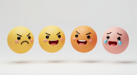 Four round emotion icons: anger escalating to joy then sadness, stylized 3D rendering on white.