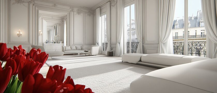 Elegant Parisian Apartment with Red Tulips White Interior Decor Luxurious Design and View