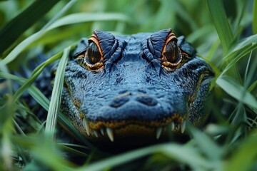 Obraz premium Close-up of an american alligator lurking in tall grass, showcasing its powerful jaws and sharp teeth
