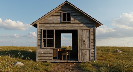 Wooden Structure with Desk and Chair in Field