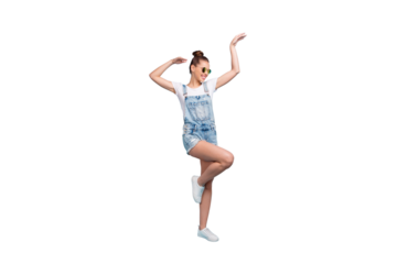 Full length body size photo of chilling rejoicing enjoying her vacation girlfriend dancing over blue background she is isolated with