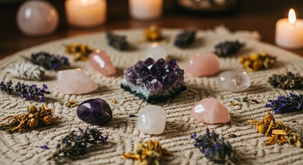 A crystal grid with amethyst, rose quartz, clear quartz, and dried flowers on a woven mat with candles