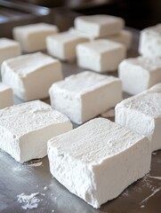 Delightful homemade marshmallows on a stainless steel surface in a kitchen with soft lighting