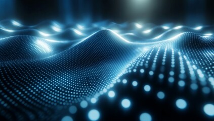 Abstract digital landscape of glowing dots. Dynamic wave patterns, illuminated by soft light, create a futuristic, technological scene