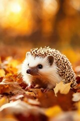 Fototapeta premium Cute autumnal hedgehog nestled among vibrant golden leaves in warm sunset light wildlife photography