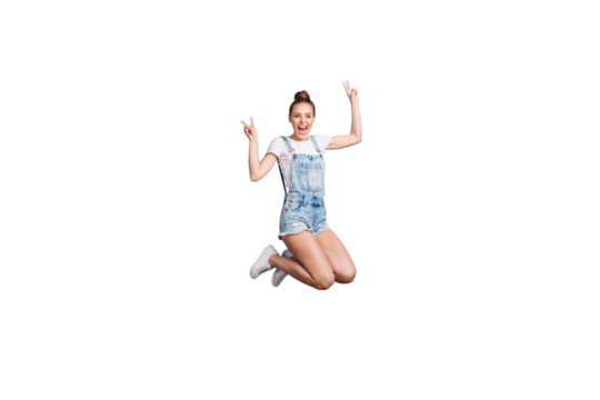 Full length body size photo of overjoyed enjoying nice cute girlfriend showing you v-sign while jumping being isolated with blue background