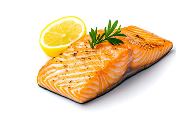 Top view grilled salmon steak isolated on white background