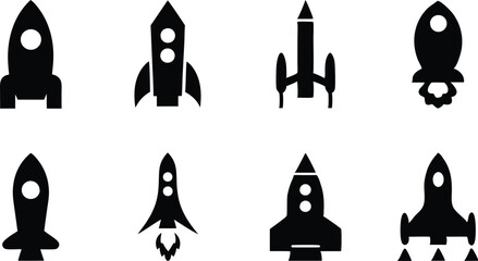 Rocket Silhouettes Vector Set – Minimalist Black and White Spacecraft Icons in Retro Futuristic Style