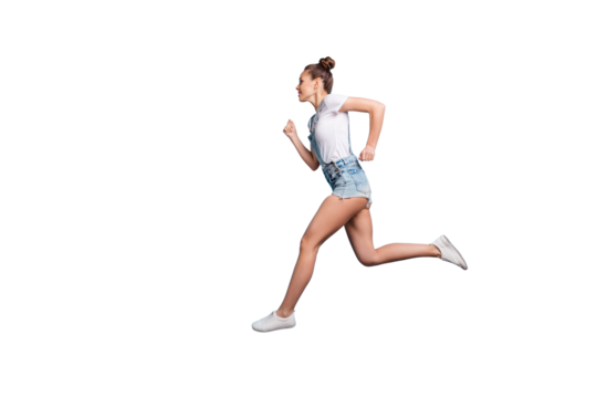 Full length body size photo of running sportive girl aspiring to reach her aim while isolated with blue background