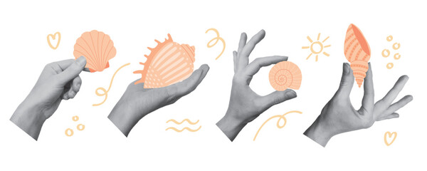 Set of collage hands holding seashells. Summertime, vacations concept. 