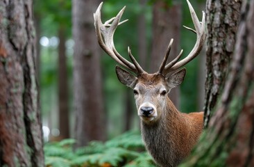 Naklejka premium A deer with antlers in the woods, looking at the camera, surrounded by trees and mossy trunks