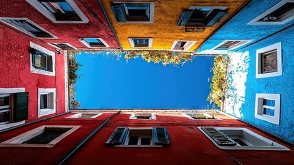   Red-blue building with windows and shutters Blue sky background