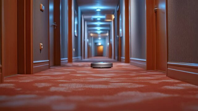 Autonomous Vacuum Robot at Rest in a Modern Hallway Setting