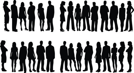 Diverse Group of People Silhouettes Black & White Lineup in Urban Social Scene