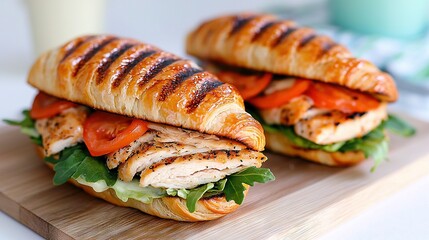   Half-sandwich on cutting board with milk glasses nearby