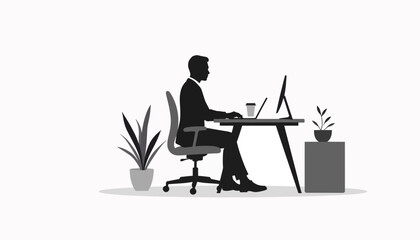 Focused businessman working at desk with plants, modern workspace