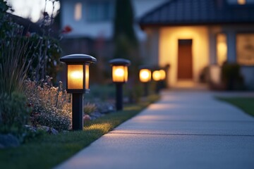 Warm glow of garden lights guiding the way along a path to a cozy home at dusk