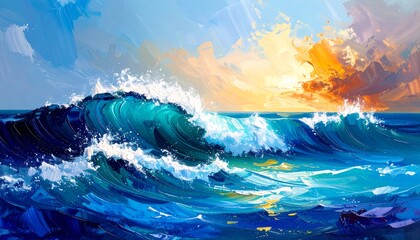 Dynamic Ocean Wave at Sunset with Vibrant Colors and Textures in a Beautiful Coastal Scene