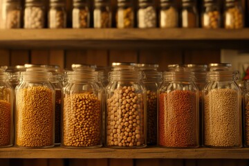 Rustic pantry shelf with glass jars of dry goods