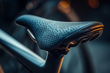 Close-up of a bicycle saddle highlighting its ergonomic design and breathable, perforated surface, promising a comfortable ride