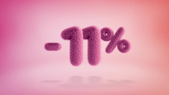 11% pink fluffy numbers and symbols on a simple gradient background with particles. Looping animation of 3D text countdown 11 percent sale