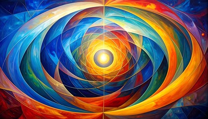 Fototapeta premium Vibrant Abstract Geometric Artwork with Swirling Colors and Radiant Light at the Center of the Composition
