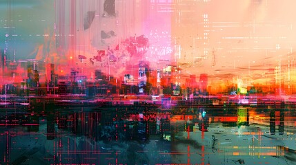 Fototapeta premium Digital Sunset Metropolis | Glitched Futuristic Cityscape Art