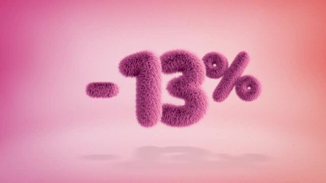 13% pink fluffy numbers and symbols on a simple gradient background with particles. Looping animation of 3D text countdown 13 percent sale