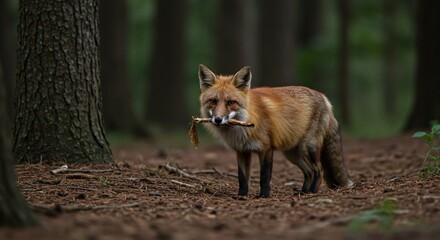 Fototapeta premium A red fox standing in a forest with a stick in its mouth looking towards the camera lens calmly