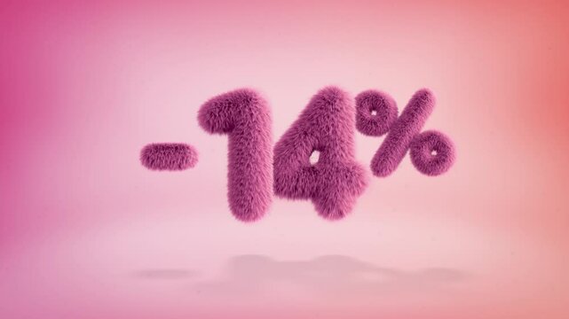 14% pink fluffy numbers and symbols on a simple gradient background with particles. Looping animation of 3D text countdown 14 percent sale