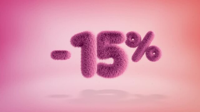 15% pink fluffy numbers and symbols on a simple gradient background with particles. Looping animation of 3D text countdown 15 percent sale