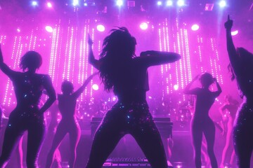Group of female dancers performing energetic choreography on stage illuminated by pink lighting