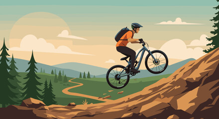 Obraz premium Mountain biker performing a jump over rocky terrain in nature, Suitable for the posters of cycles, application design, advertising sport of goods 