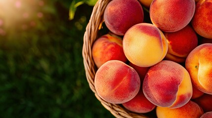   A field of green grass with many peaches in a basket on top, next to a tree