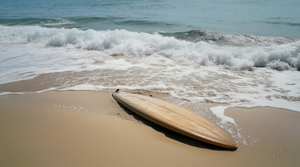 Surfboard rests on sandy beach as waves crash nearby during sunny day at coastal location
