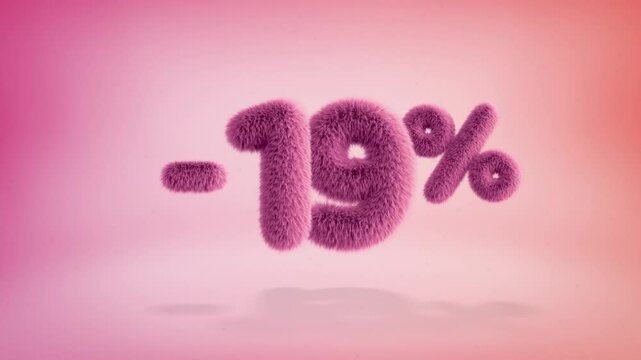 19% pink fluffy numbers and symbols on a simple gradient background with particles. Looping animation of 3D text countdown 19 percent sale