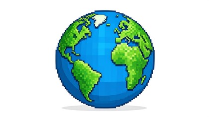 Pixel Art Earth Globe with Green Continents and Blue Ocean in a Retro Style Representation
